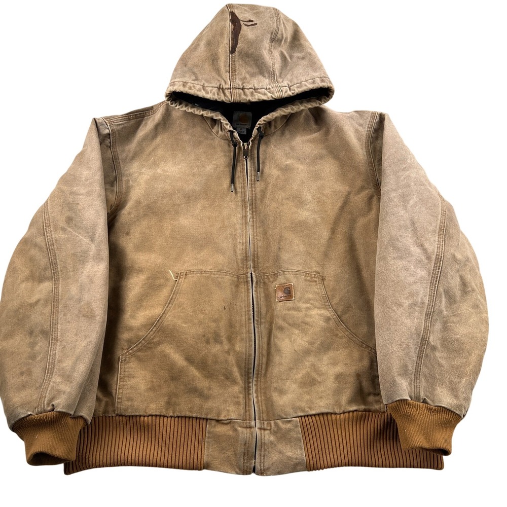 Carhartt J130 211 Duck Jacket Hooded Quilted XL Sand Stone Brown Distressed